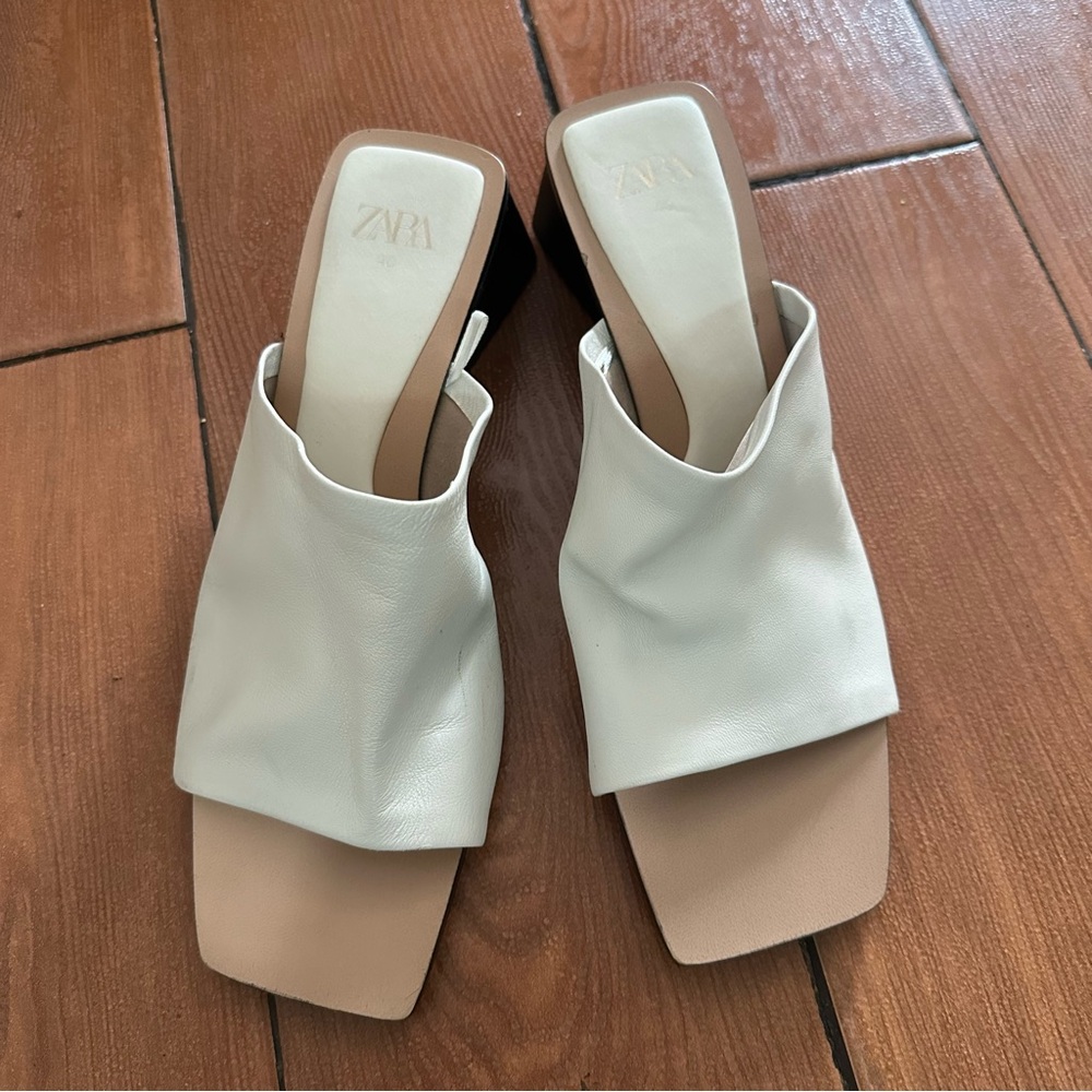 Zara Shoes Woman Mules Kitten Heel Leather Beige Size 40 USA 9 - Picture 5 of 11